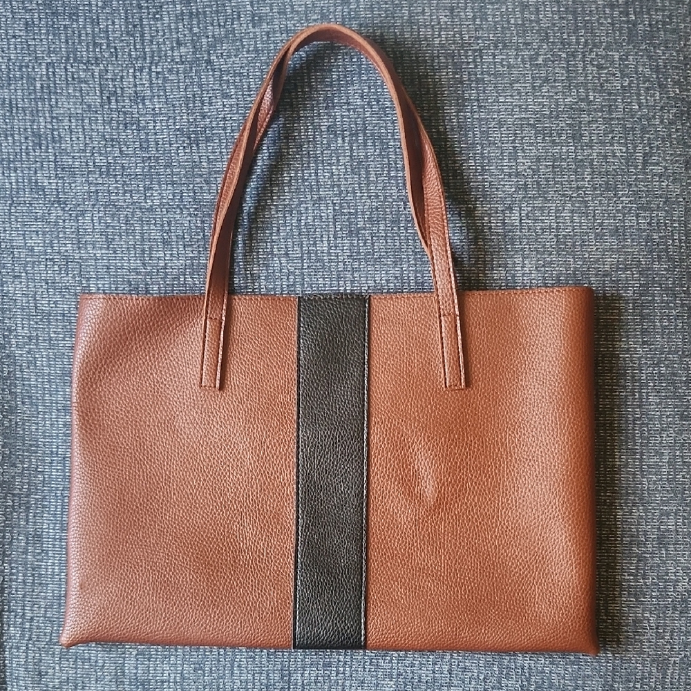 Vince Camuto Brown Leather Tote with Black Stripe